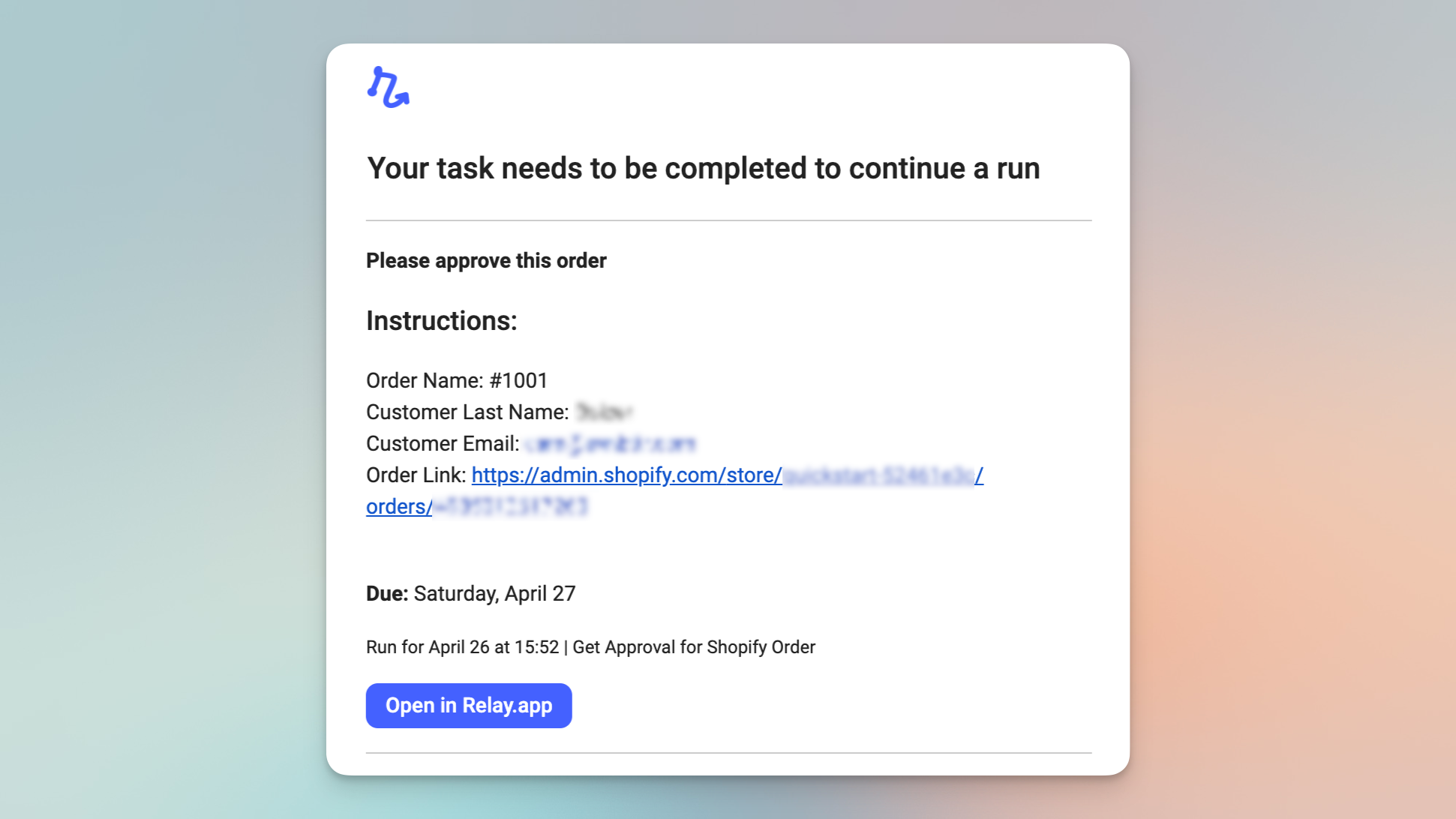 Relay.app workflow trigger in Shopify admin