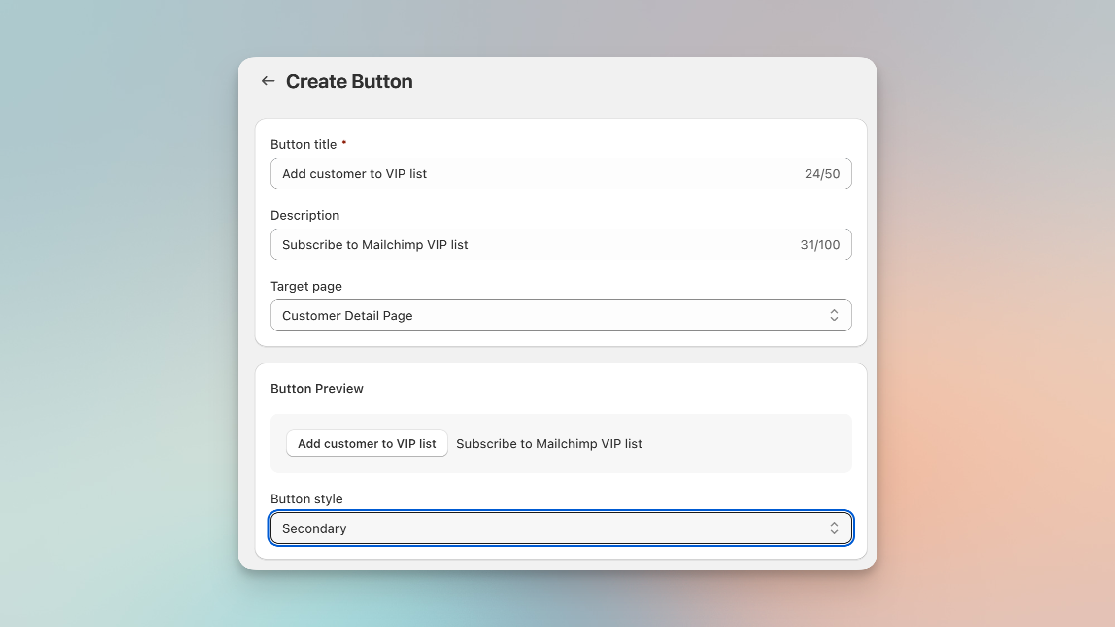 Make scenario setup in Shopify admin