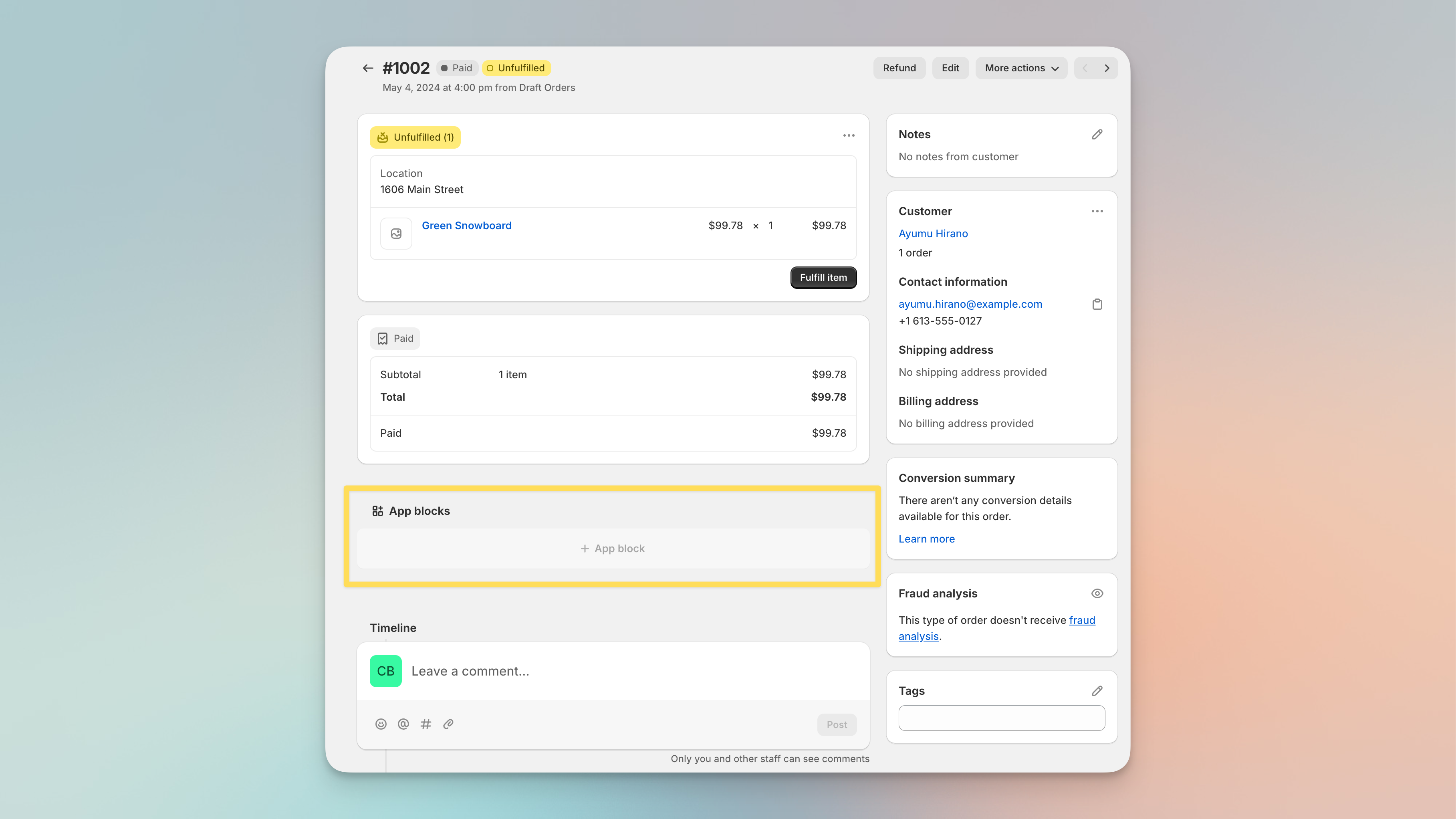 Adding the app block to admin pages in Shopify admin