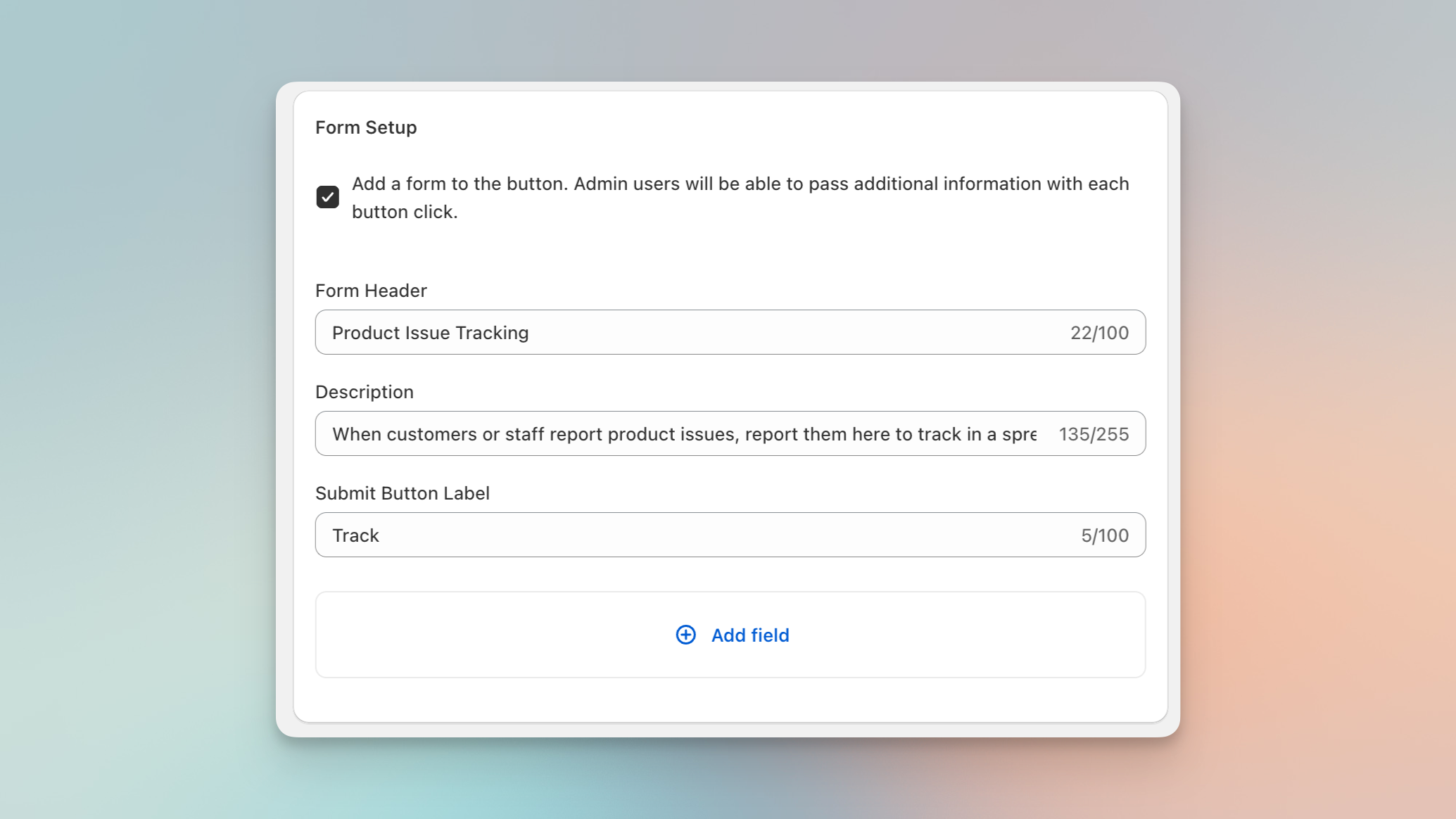Admin button form fields in Shopify admin